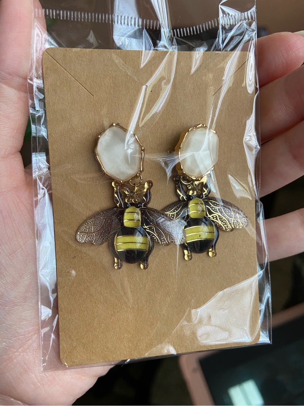 Gold Bee Drop Earrings with Yellow Enamel Stripes